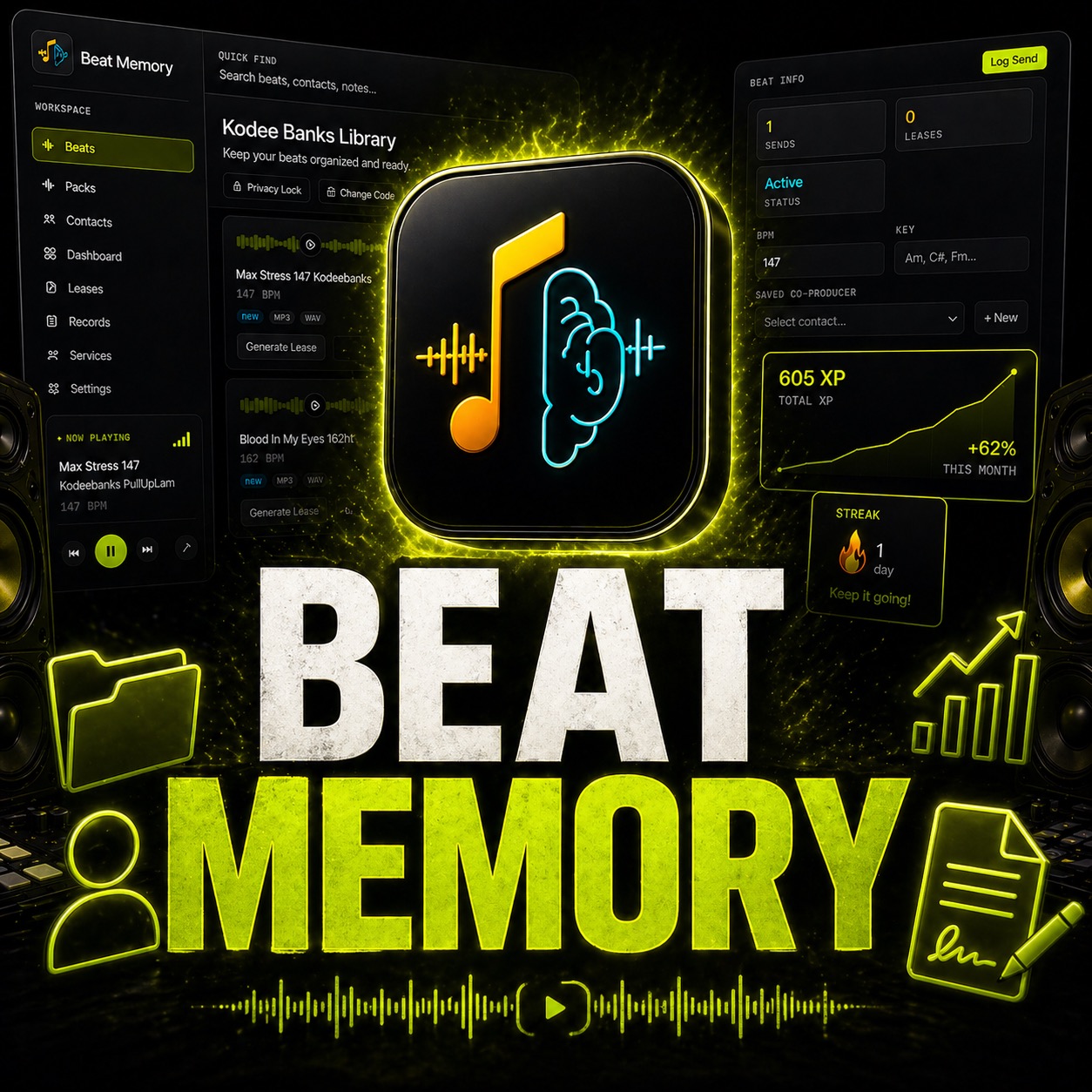 Beat-Memory promotional graphic showing the product identity and producer business workflow.