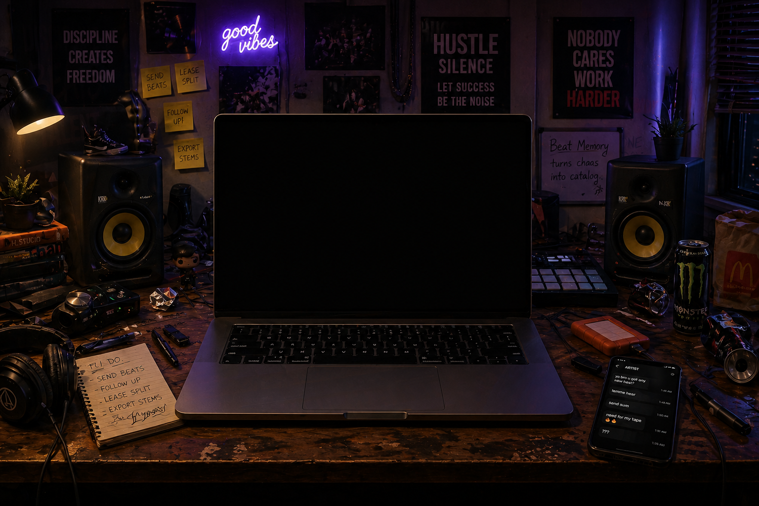 A dark, cluttered bedroom producer studio with a centered laptop, studio monitors, sticky notes, posters and a smartphone.