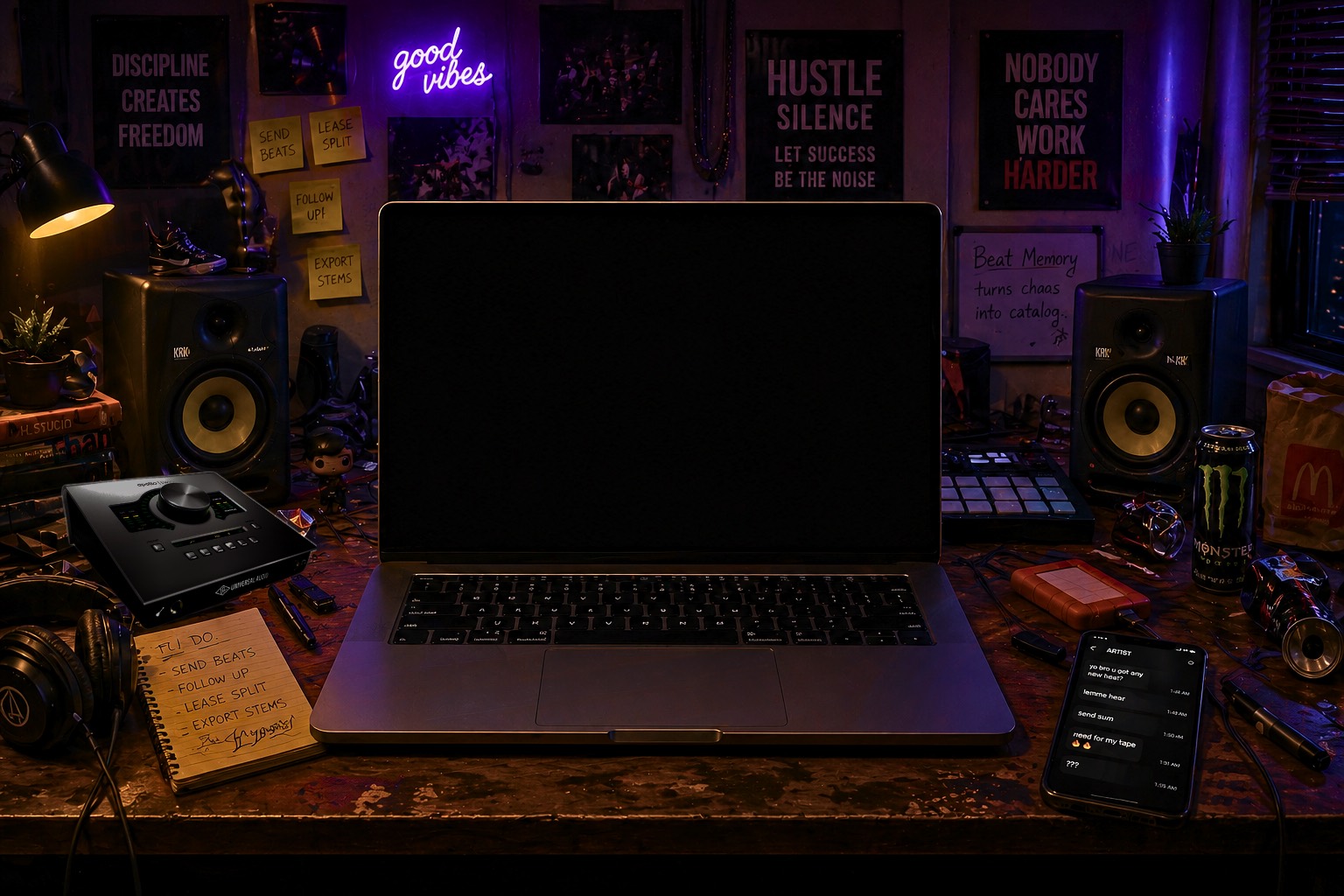 Dark bedroom producer studio with laptop, studio monitors, sticky notes and posters.